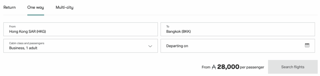 Cathay Pacific "Redeem Flight Award" page showing the cost from HKG to BKK is 28,000 Asia Miles.